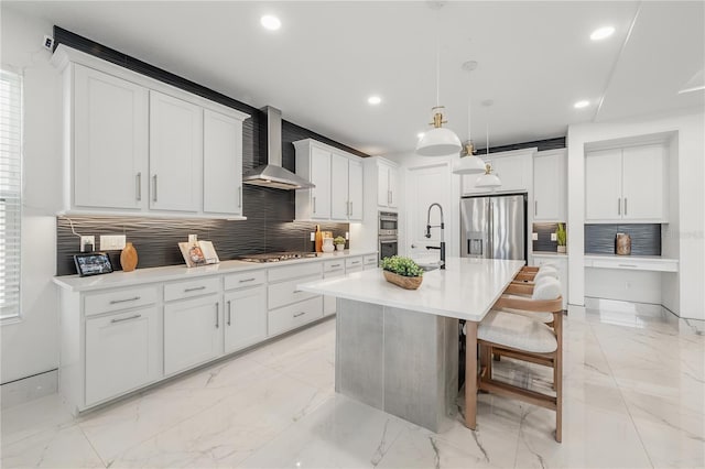 19554 Roseate Dr, Lutz, FL 33558 - kitchen with decorative backsplash, recessed lighting, wall chimney exhaust hood, and stainless steel appliances