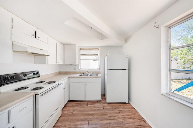 1051 Normandy Blvd, Holiday, FL 34691 - kitchen with light wood-style flooring, white appliances, a sink, and white cabinetry