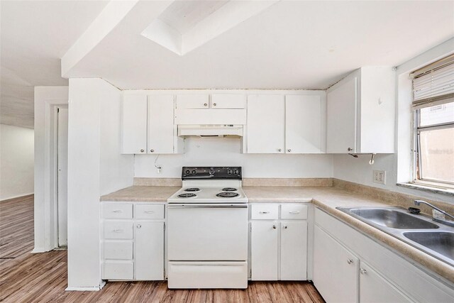 1051 Normandy Blvd, Holiday, FL 34691 - kitchen featuring white cabinets, under cabinet range hood, light wood-style floors, and electric range