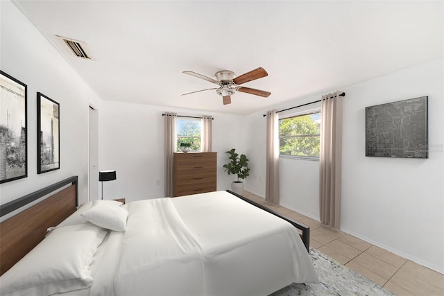 1051 Normandy Blvd, Holiday, FL 34691 - bedroom featuring visible vents, a ceiling fan, baseboards, and light tile patterned floors