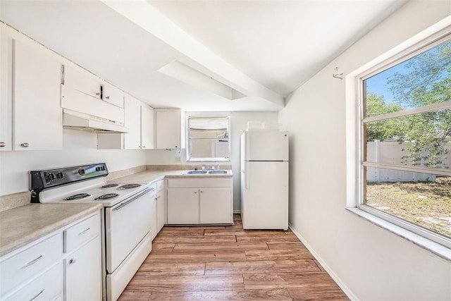 1051 Normandy Blvd, Holiday, FL 34691 - kitchen featuring white cabinetry, light wood finished floors, a sink, and white appliances