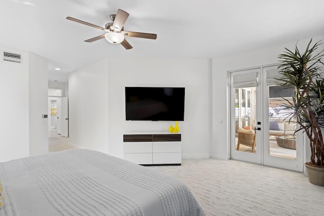 3325 W Wallcraft Ave, Tampa, FL 33611 - carpeted bedroom featuring visible vents, a ceiling fan, french doors, baseboards, and access to outside