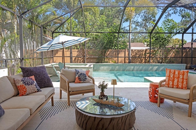 3325 W Wallcraft Ave, Tampa, FL 33611 - view of pool featuring a patio area, a lanai, an outdoor hangout area, and an in ground hot tub