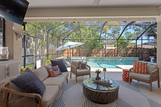 3325 W Wallcraft Ave, Tampa, FL 33611 - view of swimming pool with an outdoor living space, a fenced backyard, glass enclosure, and a patio