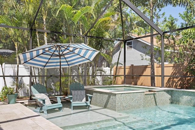 3325 W Wallcraft Ave, Tampa, FL 33611 - view of patio featuring a fenced backyard, a lanai, a fenced in pool, and an in ground hot tub