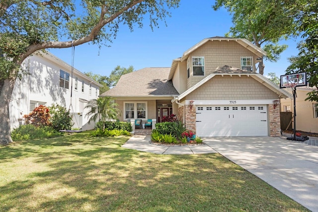 3325 W Wallcraft Ave, Tampa, FL 33611 - view of front of home with an attached garage, stone siding, driveway, and a front yard