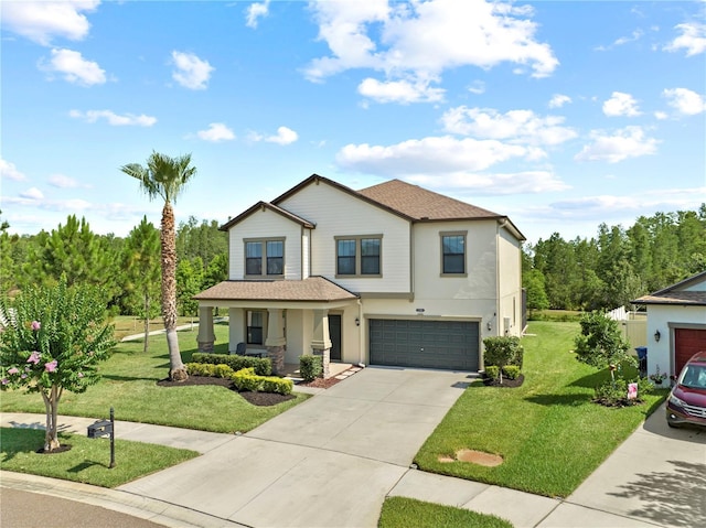 21383 Southern Charm Dr, Land O Lakes, FL 34637 - craftsman-style house featuring stucco siding, roof with shingles, a front yard, an attached garage, and driveway