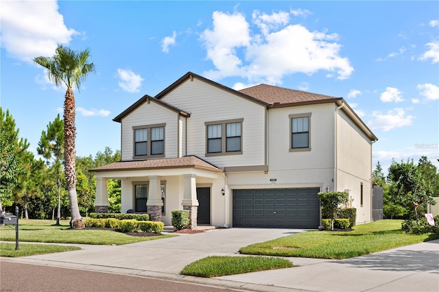 21383 Southern Charm Dr, Land O Lakes, FL 34637 - modern farmhouse style home with a front yard, an attached garage, driveway, and stucco siding