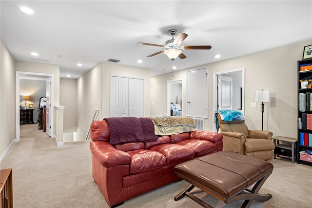 21383 Southern Charm Dr, Land O Lakes, FL 34637 - living area featuring ceiling fan, recessed lighting, and light colored carpet