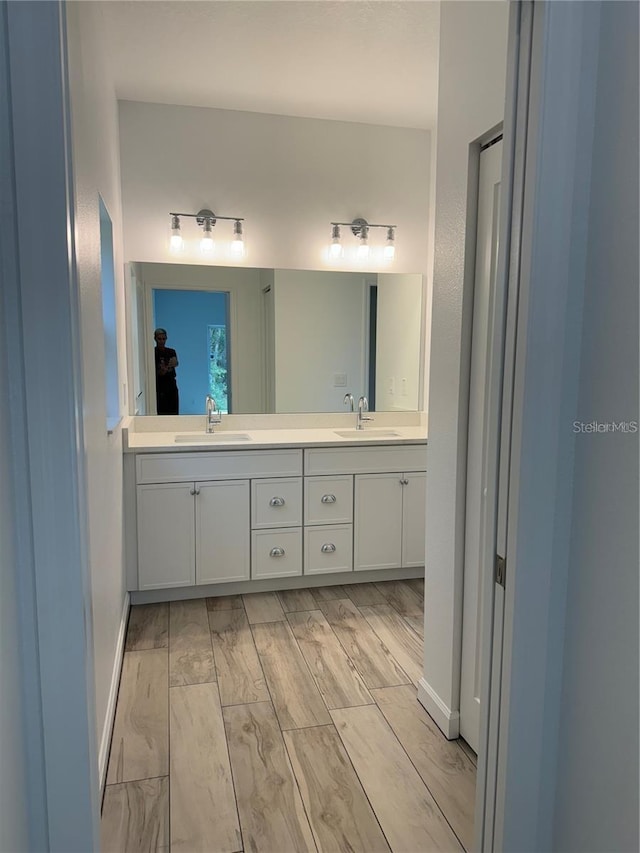 full bathroom with double vanity, baseboards, a sink, and wood finished floors