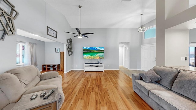 1613 E Del Webb Blvd, Sun City Center, FL 33573 - living area with high vaulted ceiling, ceiling fan, light wood-style flooring, and baseboards
