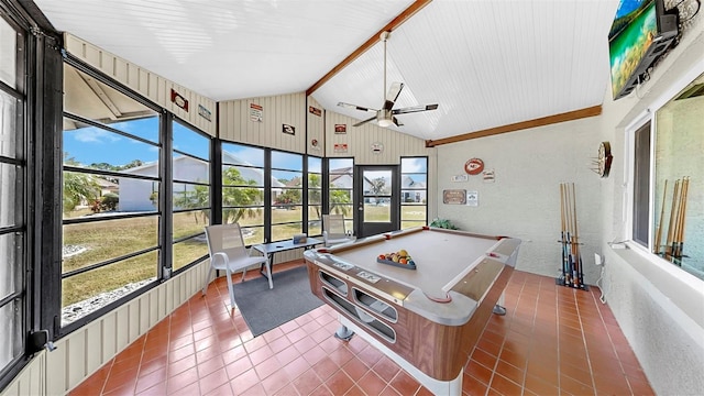 1613 E Del Webb Blvd, Sun City Center, FL 33573 - playroom featuring a ceiling fan, billiards, lofted ceiling, tile patterned floors, and a textured wall