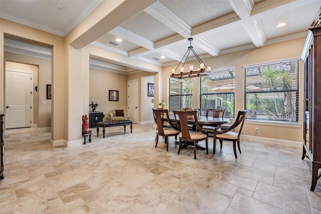 1509 Amarone Pl, Lutz, FL 33548 - dining room with beam ceiling, crown molding, a chandelier, baseboards, and coffered ceiling
