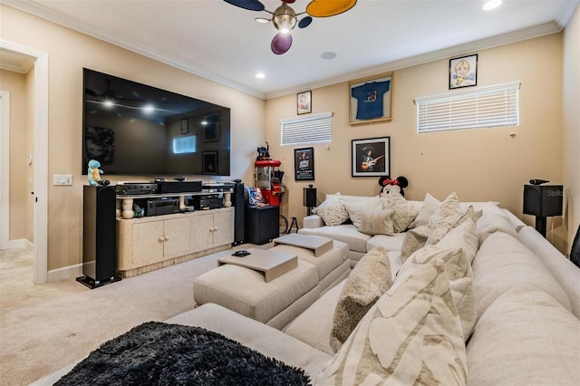 1509 Amarone Pl, Lutz, FL 33548 - living room with ornamental molding, carpet floors, baseboards, recessed lighting, and ceiling fan
