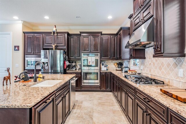 1509 Amarone Pl, Lutz, FL 33548 - kitchen featuring a sink, stainless steel appliances, under cabinet range hood, light stone countertops, and dark brown cabinets