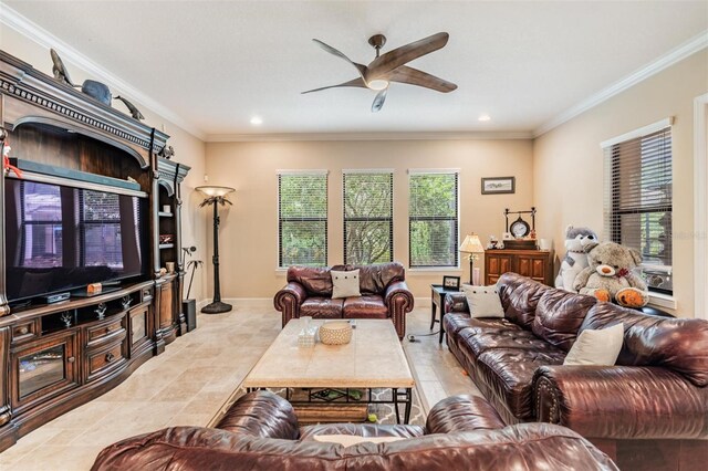 1509 Amarone Pl, Lutz, FL 33548 - living room featuring ceiling fan, ornamental molding, recessed lighting, and light tile patterned flooring