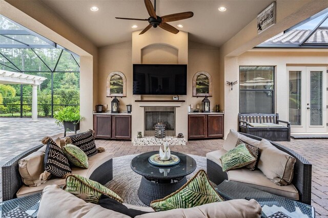 1509 Amarone Pl, Lutz, FL 33548 - view of patio with an outdoor living space, french doors, area for grilling, and a ceiling fan