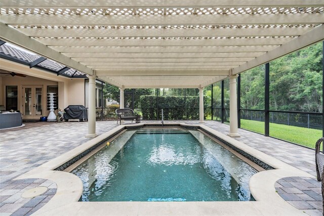 1509 Amarone Pl, Lutz, FL 33548 - view of pool featuring french doors, a fenced backyard, a pergola, a patio area, and a ceiling fan