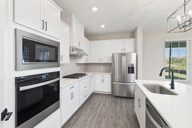 kitchen with white cabinetry, appliances with stainless steel finishes, under cabinet range hood, a sink, and light wood finished floors