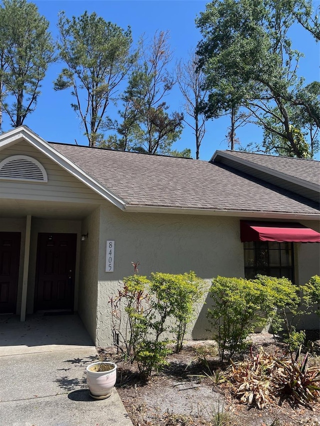 view of exterior entry with a shingled roof and stucco siding