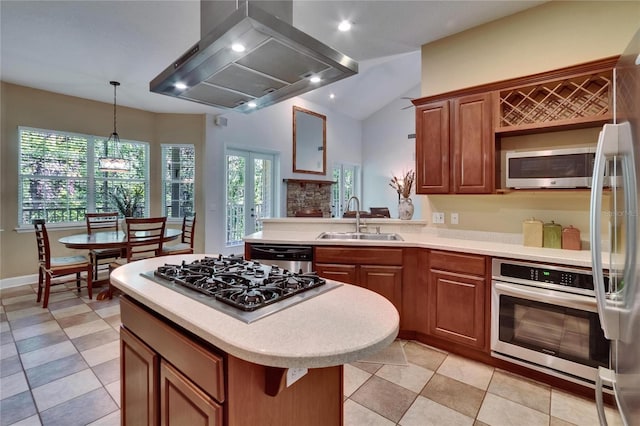 16420 Iola Woods Trl, Dade City, FL 33523 - kitchen with appliances with stainless steel finishes, light countertops, a sink, brown cabinets, and island range hood