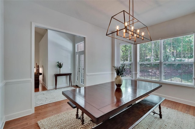 16420 Iola Woods Trl, Dade City, FL 33523 - dining space featuring a chandelier, wainscoting, and wood finished floors