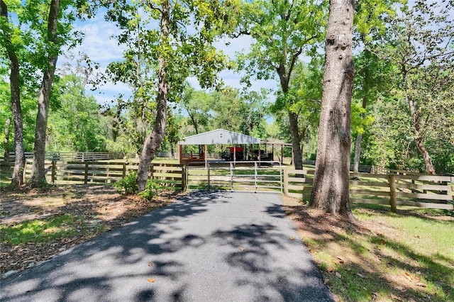 16420 Iola Woods Trl, Dade City, FL 33523 - view of street with an exterior structure, aphalt driveway, and a gated entry