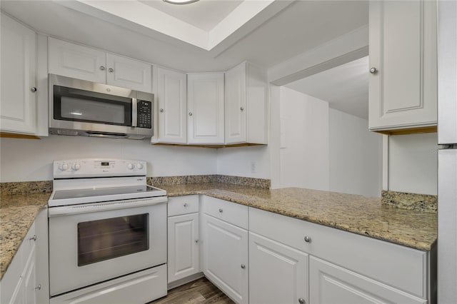 105 4th Ave NE Unit 220, Saint Petersburg, FL 33701 - kitchen with light stone countertops, white cabinets, wood finished floors, stainless steel microwave, and white range with electric stovetop