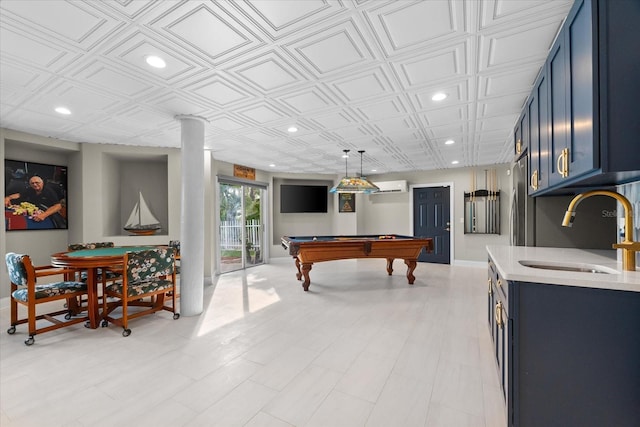 recreation room featuring an ornate ceiling, a sink, pool table, baseboards, and recessed lighting