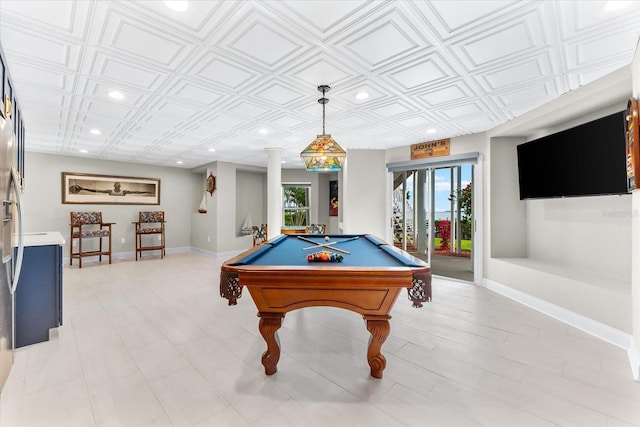 game room with recessed lighting, an ornate ceiling, pool table, and baseboards