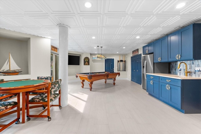 rec room with recessed lighting, a sink, an ornate ceiling, billiards, and ornate columns