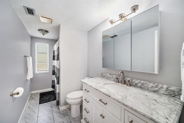 full bath with vanity, visible vents, toilet, marble finish floor, and baseboards