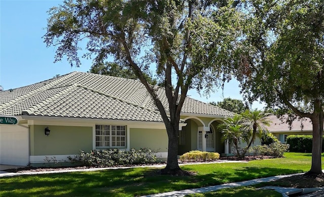 9159 Highland Ridge Way, Tampa, FL 33647 - view of front facade featuring a tiled roof, a front lawn, and stucco siding