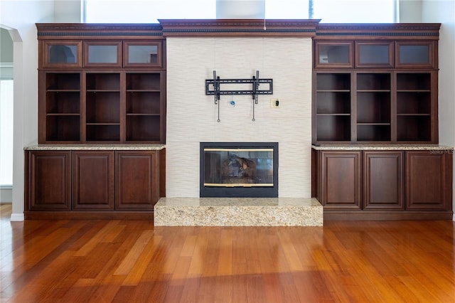 9159 Highland Ridge Way, Tampa, FL 33647 - unfurnished living room featuring arched walkways, a glass covered fireplace, and wood finished floors