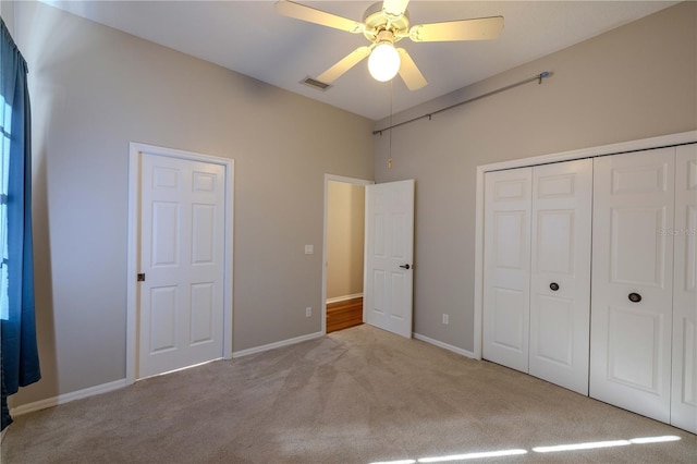 9159 Highland Ridge Way, Tampa, FL 33647 - unfurnished bedroom with ceiling fan, a closet, visible vents, carpet floors, and baseboards