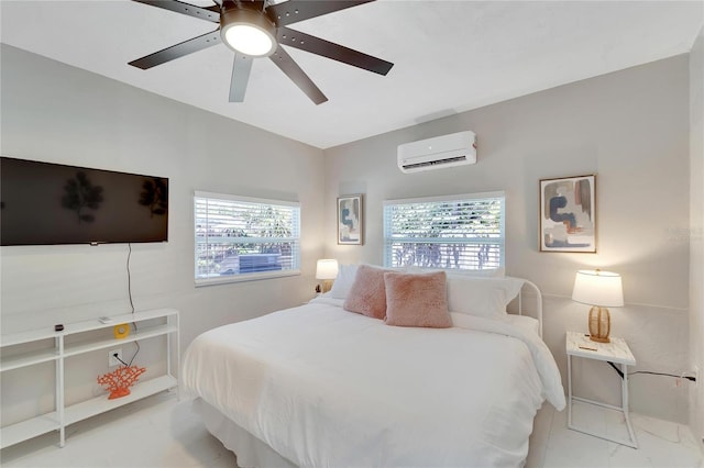 bedroom featuring a ceiling fan, baseboards, and a wall mounted AC