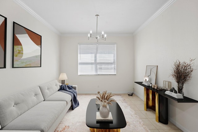 20123 Bay Cedar Ave, Tampa, FL 33647 - living room featuring ornamental molding, baseboards, a notable chandelier, and light tile patterned floors