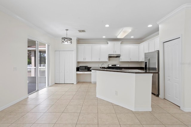 20123 Bay Cedar Ave, Tampa, FL 33647 - kitchen with white cabinets, visible vents, appliances with stainless steel finishes, under cabinet range hood, and ornamental molding