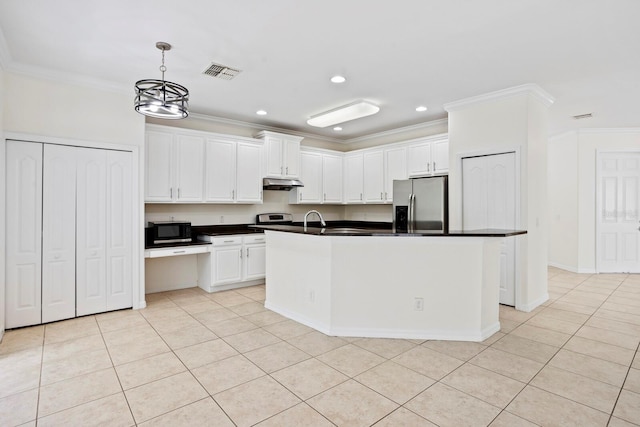 20123 Bay Cedar Ave, Tampa, FL 33647 - kitchen featuring white cabinets, under cabinet range hood, visible vents, light tile patterned flooring, and appliances with stainless steel finishes