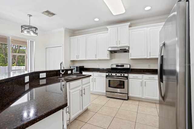 20123 Bay Cedar Ave, Tampa, FL 33647 - kitchen with white cabinets, a sink, appliances with stainless steel finishes, under cabinet range hood, and light tile patterned floors