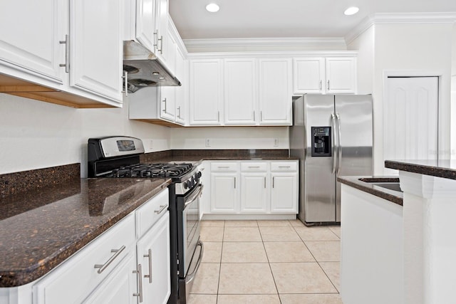 20123 Bay Cedar Ave, Tampa, FL 33647 - kitchen featuring white cabinets, appliances with stainless steel finishes, under cabinet range hood, and light tile patterned floors