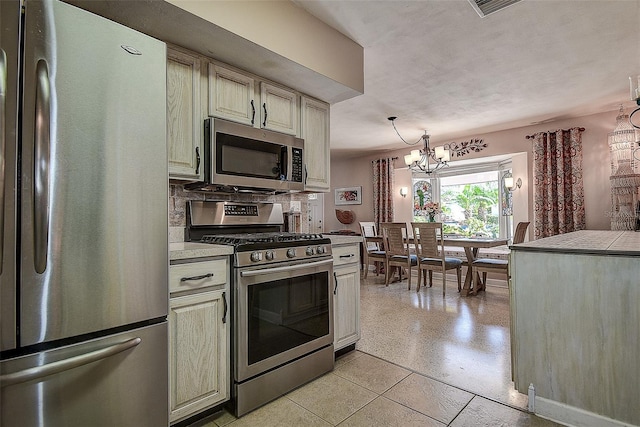 5931 33rd Ave N, Saint Petersburg, FL 33710 - kitchen featuring visible vents, a chandelier, cream cabinetry, light countertops, and appliances with stainless steel finishes