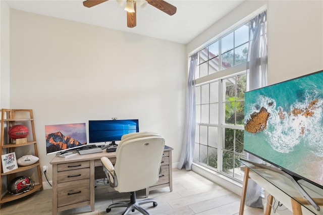 office featuring a ceiling fan and light wood-style flooring
