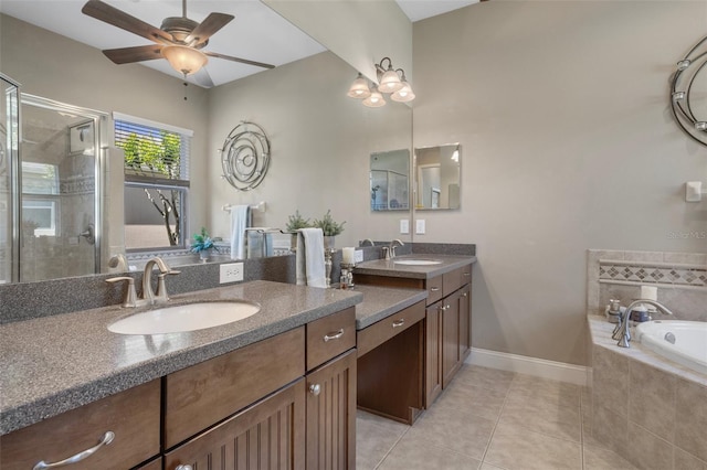 27318 Sora Blvd, Wesley Chapel, FL 33544 - bathroom featuring a shower stall, tile patterned floors, a sink, and a ceiling fan