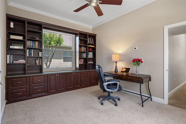 27318 Sora Blvd, Wesley Chapel, FL 33544 - office space with crown molding, a ceiling fan, baseboards, and light carpet