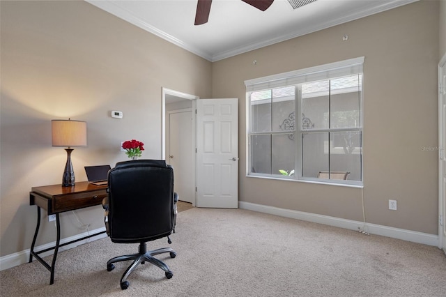 27318 Sora Blvd, Wesley Chapel, FL 33544 - carpeted office space featuring a ceiling fan, baseboards, and ornamental molding