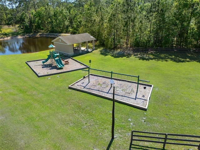 27318 Sora Blvd, Wesley Chapel, FL 33544 - view of community featuring playground community, fence, a water view, a lawn, and a gazebo