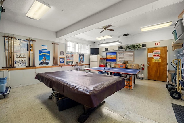 recreation room featuring a ceiling fan, billiards, tile patterned floors, and beamed ceiling