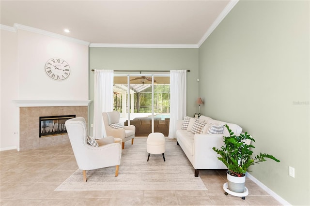 17206 Emerald Chase Dr, Tampa, FL 33647 - tiled living area with crown molding, baseboards, and a fireplace