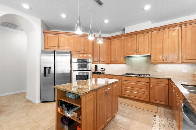 17206 Emerald Chase Dr, Tampa, FL 33647 - kitchen featuring open shelves, a kitchen island, light stone countertops, tasteful backsplash, and appliances with stainless steel finishes